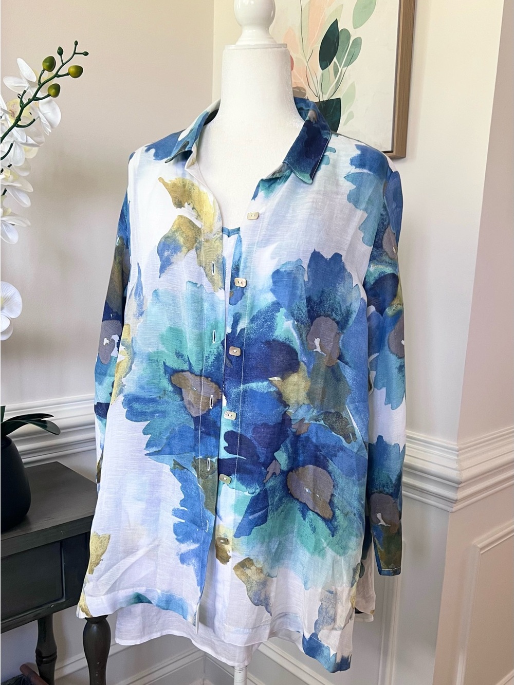 NWT Habitat Lagenlook 2 Pc. Button-Front Top with Tank Watercolor Linen Blend LG - Picture 10 of 15